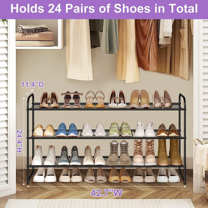 Довга взуттєва полиця з 3 ярусами, вміщує 24 пари, міцна чорна взуттєва полиця для чоловіків та жінок, з дротяною сіткою, металева взуттєва полиця, полиця для шафи, передпокою, спальні, 3 полиці, чорна