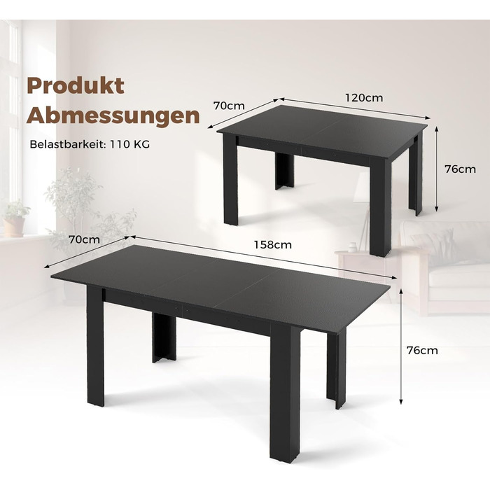 Розсувний обідній стіл COSTWAY, 120/158 x 70 см, Кухонний стіл для 4-6 осіб, Прямокутний обідній стіл для їдальні, Кухня, Чорний