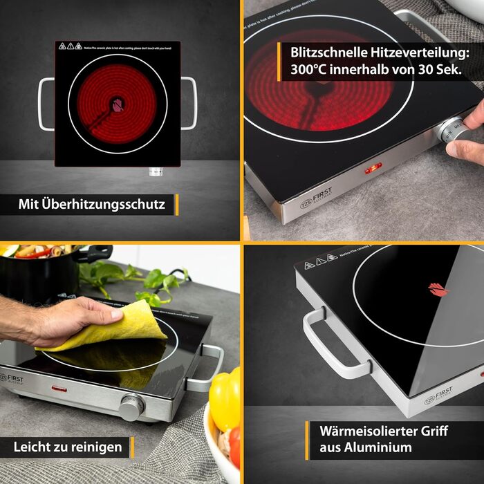Перша інфрачервона керамічна плита TZS в Австрії ВСІ види горщиків Одинарна конфорка 17,5см Варильна поверхня для переїзду, кемпінгу, будинку для відпочинку - швидке нагрівання та плавне регулювання - один світловий індикатор з чорними ручками