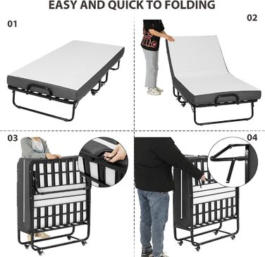 Розкладне ліжко DICTAC 90x200 см для дорослих з матрацом з піни з ефектом пам&39яті приблизно 13 см Гостьове ліжко Розкладне металеве каркасне розкладне ліжко з колесами Дорожнє ліжко Розкладне металеве ліжко Стабільне навантаження до 200 кг Розкладне ліж