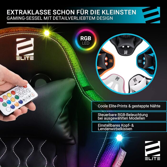 Ігрове крісло ELITE LED Pulse для дітей Ергономічне офісне крісло - Робоче крісло - Крісло керівника - Крісло - Гоночне ігрове крісло - Ігрове крісло - Обертове крісло - Крісло - Штучна шкіра (чорний/білий RGB)
