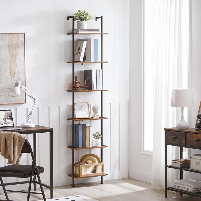 Полиця-драбина HOOBRO своїми руками, 6-ярусна настінна книжкова полиця, вузька книжкова полиця, полиця для демонстрації, полиця для зберігання, підставка для рослин, для вітальні, кабінету, вінтажний коричневий EBF651CJ01 39 x 24 x 200,5 см темно-коричнев