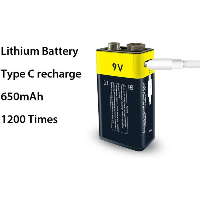 Літієві акумуляторні батареї типу C 9 В, 1,5 В, літій-іонні акумуляторні батареї USB 9 В, 650 мАг із зарядним кабелем типу C, швидка зарядка за 2 години (2 шт.) (9 В). 2-9 В