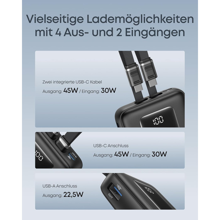 Зовнішній зарядний пристрій Anker Zolo (оновлення 2025 року), швидка зарядка 45 Вт, акумулятор ємністю 20000 мАг, два вбудовані кабелі USB-C, 1 порт USB-C та 1 порт USB-A, для iPhone серії 17/16, Galaxy, MacBook та інших, кабелі USB-C 45 Вт*2, чорний