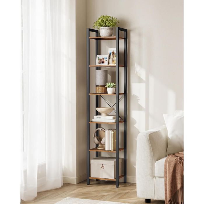 Полиця, книжкова шафа, полиця для DVD, з 6 полицями, офісна полиця, відкриті полиці, для офісу, вітальні, спальні, кухні, 30 x 40 x 186 см, вінтажний коричневий-чорнильний чорний LLS101B01 6 полиць (40Ш x 186В см) вінтажний коричневий чорнильний чорний