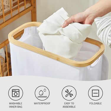 Кошик для білизни з кришкою 48 л Кошик для білизни вузький з мішком для білизни складаний сортувальник для білизни дерев'яний бамб