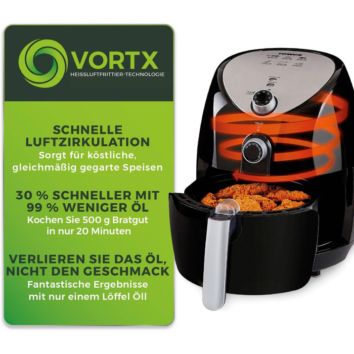 Фритюрниця Tower T17021 для всієї родини зі швидкою циркуляцією повітря - Таймер на 60 хвилин - Мультипіч 4,3 л 1500 Вт - чорний