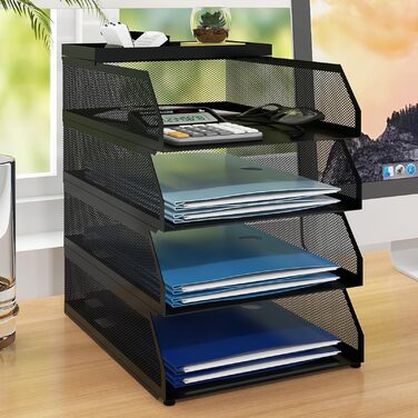 Лоток для документів PUNCIA A4, лоток для листів з 4 металевими відділеннями, органайзер для файлів, лоток для паперу, система для зберігання документів, тримач для документів для офісу, навчання, школи, офісних меблів, чорний, 32 x 25 x 31 см