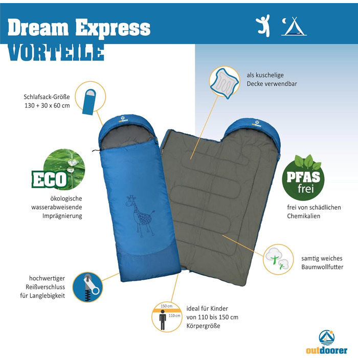 Дитячий спальний мішок Dream Express від Outdoorer - ковдра-спальний мішок для дітей, з бавовняною підкладкою, синій/жираф
