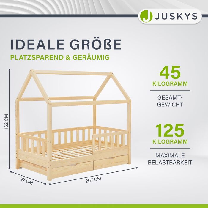 Дитяче ліжко Juskys Marli 90 x 200 см з 2-секційним ящиком для зберігання, захисними поручнями, рейковою основою та дахом - Ліжко-будиночок з масиву дерева для дітей - Ліжко з натурального дерева 90 x 200 см