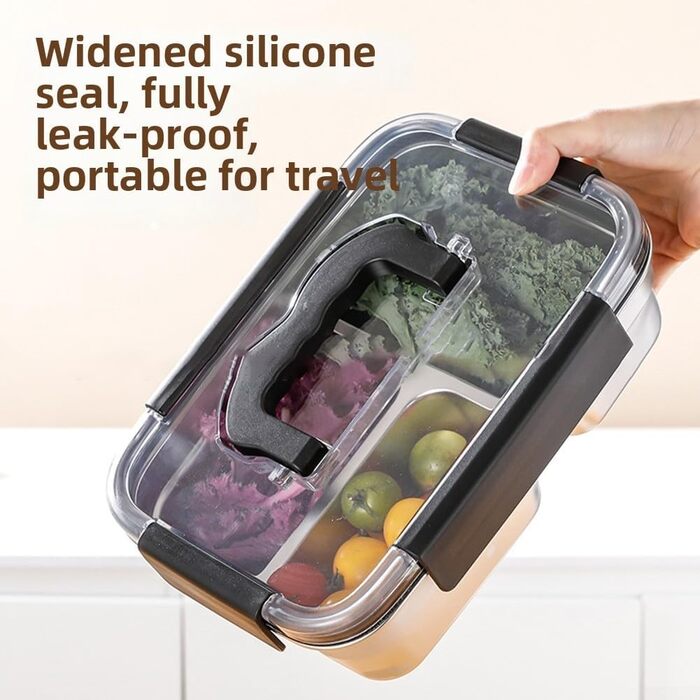 Ланчбокс з нержавіючої сталі, 1800 мл, з ручкою, герметичний, 3 відділення, придатний для використання в мікрохвильовій печі, контейнер для їжі для роботи, школи або пікніків (чорний)