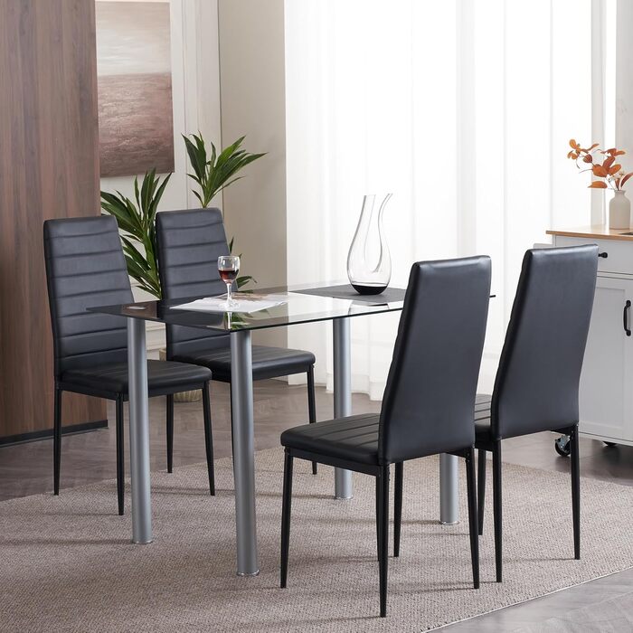 Кухонні стільці LEADZM, Набір із 4 обідніх стільців із високою спинкою, Водонепроникні для їдальні та кухні, Обідній стілець 120 кг (Чорний, Комплект із 4) Комплект із 4 предметів Чорний