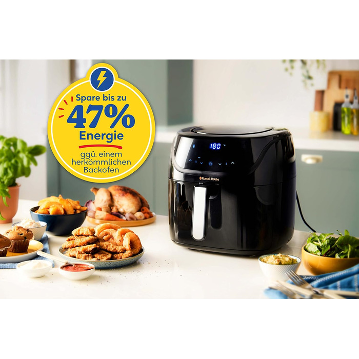 Аерофритюрниця Russell Hobbs XXL 8 л компактний корпус 7 функцій приготування10 програм AirFryer (можна мити в посудомийній машині, макс. 220C, фритюрниця без олії, гриль, запікання, смаження, зневоднення) SatisFry 27170-56