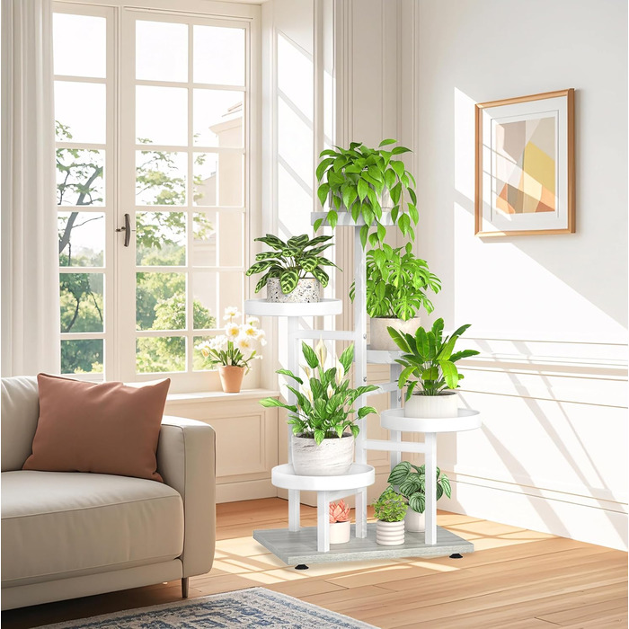 Металева підставка для рослин з 5 ярусами, полиця для рослин для приміщень/вулиці, дерев&39яна підставка для квітів для саду, балкону, вітальні (біла)