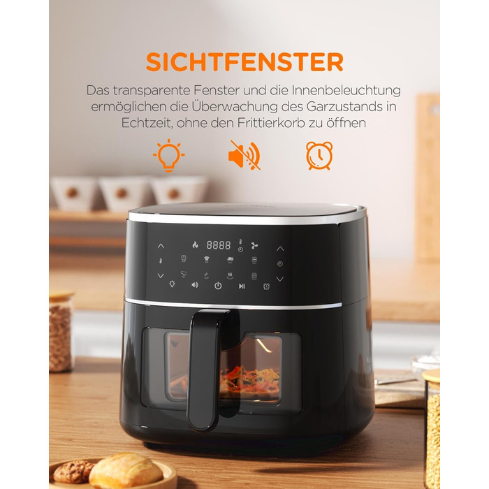 Аерофритюрниця Tomons 6 л, фритюрниця Фритюрниця з гарячим повітрям Фритюрниця з оглядовим вікном Цифровий світлодіодний сенсорний екран, програми 8 в 1 фритюрниця, регульований контроль температури