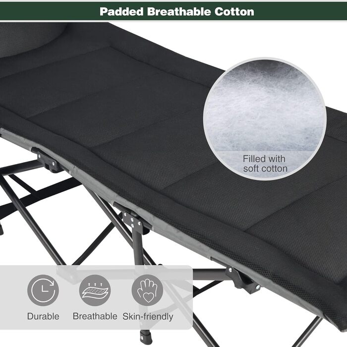 Складане туристичне ліжко з наматрацником для дорослих, XXL 190 x 71 x 38 см, Складане туристичне ліжко з матрацом для кемпінгу, саду, використання в приміщенні та на вулиці, чорне