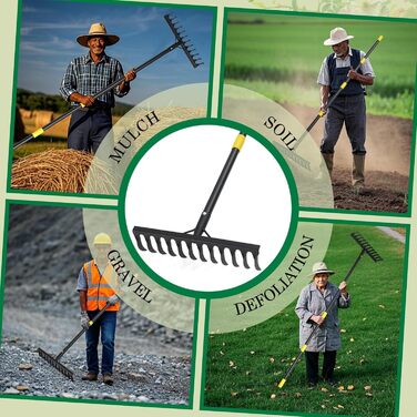 Міцний садовий грабель, 189 см, металевий грабель з 12 зубцями, вигнутий грабель з довгою ручкою для розпушування ґрунту, вирівнювання, догляду за газоном, сільського господарства, землі, чорний