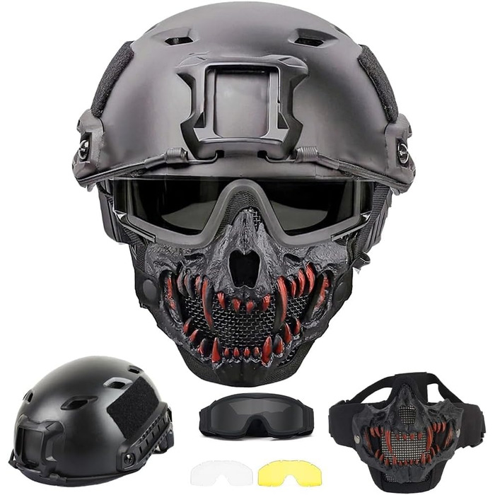 Тактичний шолом PJ типу Airsoft Fast та складна маска для захисту слуху з окулярами та повним захистом обличчя, червона маска
