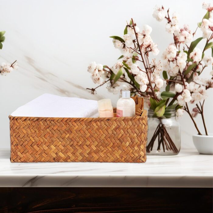 Набір кошиків для зберігання морської трави з 2 предметів, плетений кошик для зберігання, 34x23x11 см, квадратний плетений кошик, плетені кошики для спальні, ванної кімнати, комори