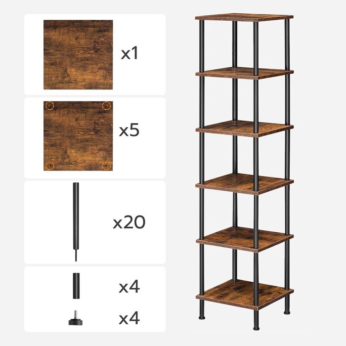 Полиця HOOBRO, 6-ярусна книжкова шафа, вузька кутова полиця, окремостояча полиця, промислова полиця, полиця для зберігання, офісна полиця, відкриті полиці для вітальні, спальні, балкона, кухні, вінтажний коричневий EBF55CJ01 Вінтажний коричневий чорний 30