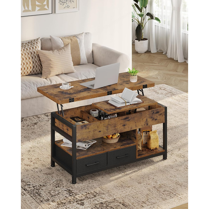 Журнальний столик з регульованою висотою, багатофункціональний стіл для вітальні 3-в-1, журнальний столик з 2 шухлядами, приховане місце для зберігання речей, відкрите відділення, можна використовувати як обідній стіл, для вітальні, офісу, коричневий