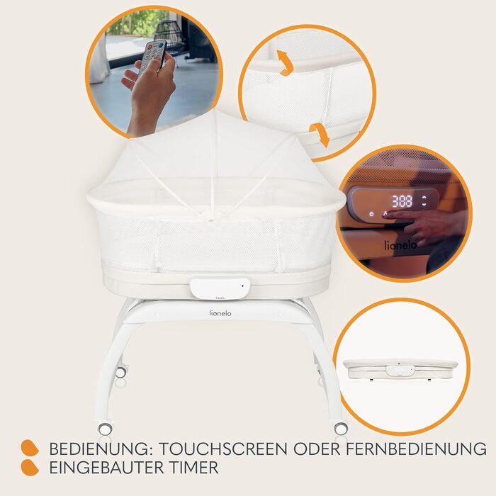 Дитяче ліжечко Lionelo Coral 3 в 1 до 9 кг, колиска, ваги для малюків, 5 швидкостей гойдання, 12 мелодій, 4 колеса, ергономічний матрац, таймер, пульт дистанційного керування, москітна сітка