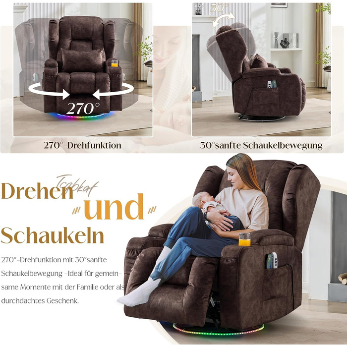 Електричне крісло для телевізора з функцією відкидання спинки, крісло з обертовим кутом 240, крісло для кінотеатру, масажне крісло з функцією підігріву, крісло для телевізора, крісло для відпочинку вагою до 150 кг (оксамит, коричневий) Коричнева оксамитов