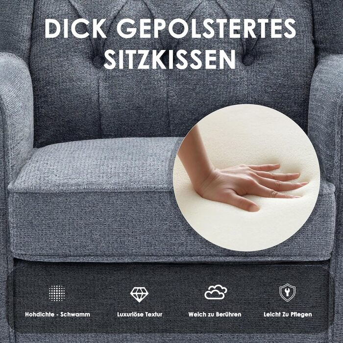 Крісло для вітальні COLAMY у стилі середини століття, м&39яке крісло з вигнутою спинкою та прошивкою ґудзиками, крісло для відпочинку з тканинним чохлом та ніжками з масиву дерева для вітальні, офісу, кафе - синє, комплект з