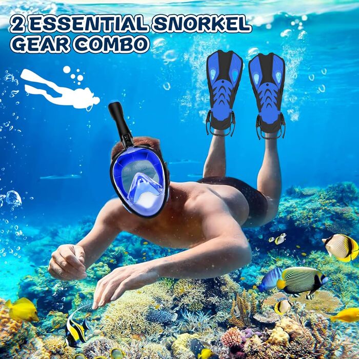 Комплект для дорослого підводного плавання з ластами, маска для дайвінгу на все обличчя, захист від запотівання, поле зору 180 та кріплення для камери, регульовані ласти з чохлом, для підводного плавання та дайвінгу, синій, розмір S/M