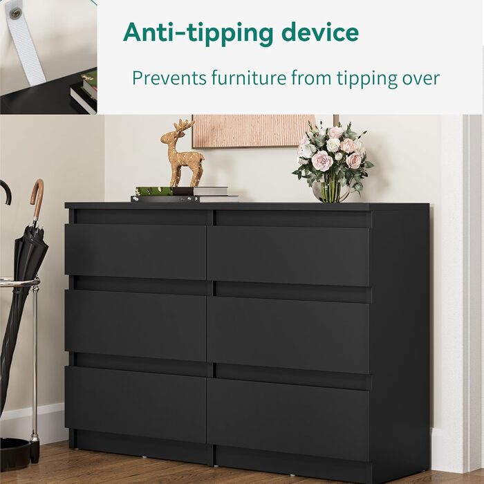 Комод YITAHOME, 6 шухляд, шафа для спальні, сучасні меблі 100x30x70 см, міцний та безпечний, виготовлений з дерева, з напрямними для шухляд, чорний