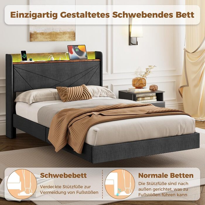 М&39яке ліжко IRONCK 120x200 см, Ліжко 120x200 зі світлодіодним освітленням та зарядною станцією (2 розетки змінного струму, порти USBType-C), Каркас ліжка з місцем для зберігання, Плаваюче односпальне ліжко з рейковою основою, Льняне, Сірий 120 x 200 см