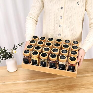 Натуральна бамбукова підставка для спецій з банками, набір шаф для спецій з 24 квадратними банками для спецій, бамбукова підставка для спецій, що підходить для охайної та організованої кухні, натуральний бамбук, 24 квадратні банки