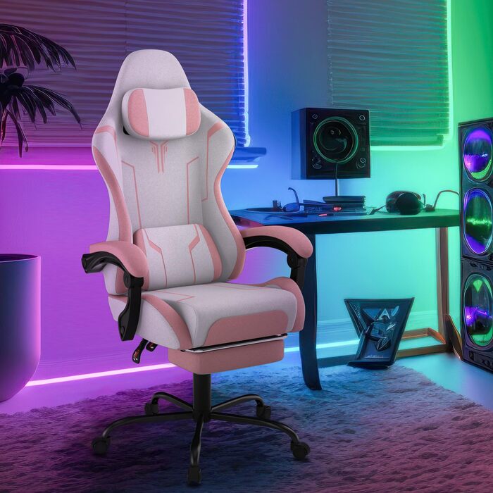 Ігрове крісло HENGMEI Ергономічне комп&39ютерне крісло Масажне ігрове крісло Офісне крісло Поворотне крісло з масажною поперековою подушкою, підставкою для ніг, м&39якими підлокітниками Підголівник Настільне ігрове крісло, рожеве - шорстка поверхня