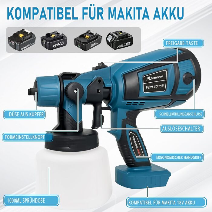 Акумуляторна система розпилення фарби для фарборозпилювача Makita 18V BL1850, 1000 мл, 3 сопла (1,0 мм, 1,8 мм, 2,5 мм), 3 моделі, для використання всередині та зовні приміщень (без акумулятора)