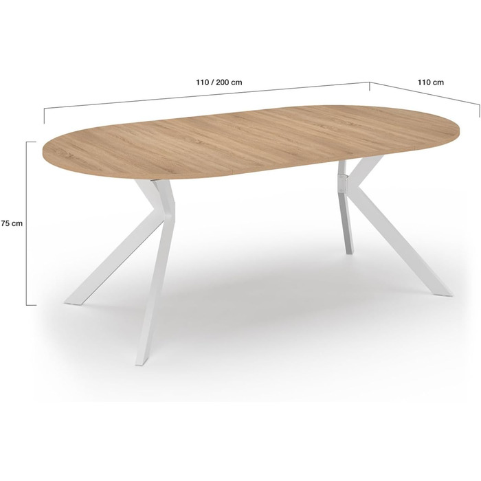 Розкладний круглий обідній стіл ALIX 4-10 персон на ніжках-павуках, дерево та білий колір, 110-200 см