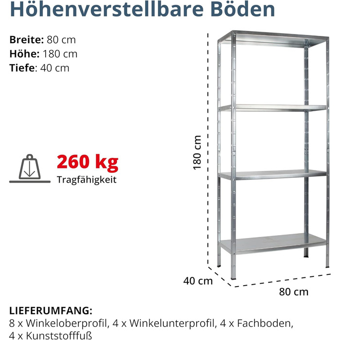 Система стелажів SCHULTE з 4 полицями PowerMAX, вантажопідйомність 65 кг, 180x80x40 см (ВxШxГ), оцинкована (полиця для зберігання, полиця для майстерні, полиця для підвалу, полиця для гаража, металева полиця)