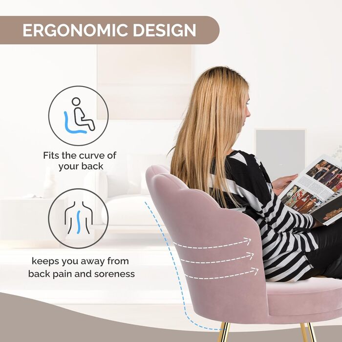 М&39яке крісло, обідній стілець, стілець для туалетного столика, оксамитове крісло, спинка у формі пелюсток, крісло із золотими металевими ніжками, вантажопідйомність до 150 кг, рожевий