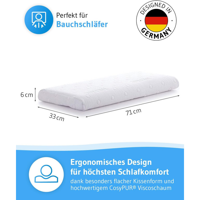 Подушка для сну на животі 40x80 HADAR низька термостійка, плоска подушка 6 см для сну на животі, високоякісна піна з ефектом пам&39яті, терморегулюючий чохол, ергономічна подушка для сну на животі, підходить для розміру 40 x 80 Термічний чохол 40x80