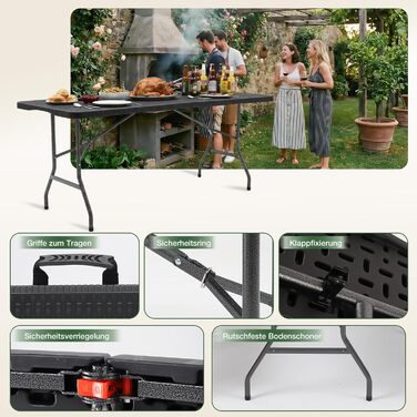 Розкладний фуршетний стіл Sekey, пластик 180 x 74 x 74 см, садовий стіл під ротанг з ручкою для перенесення Розкладний стіл для вечірок для саду, патіо та балкону Кемпінговий стіл на 6 осіб (чорний) Чорний/ротанг