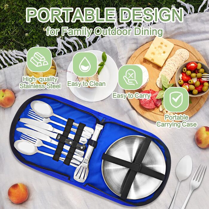 Набір посуду для кемпінгу на 2/4 особи, 11/21 предметів аксесуарів для кемпінгу, набір для пікніка з нержавіючої сталі з відкривачкою для пляшок, ножем для стейку, ложкою, виделкою, ножем та тарілкою для кемпінгу/барбекю/походів, синій