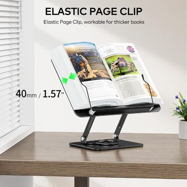 Підставка для читання та роботи з ноутбуком, ергономічний тримач для книг, регульована конструкція з еластичними затискачами для нот, рецептів, планшетів, чорний колір, 01