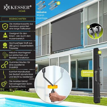 Вертикальна маркізна KESSER 200x250 см Вулична рулонна штора з ручним механізмом, балконна рулонна штора, захист від сонця та приватності, затінення, сонцезахист з ручкою, касетна маркізна, балкон та тераса, вкл. монтажний комплект та кришку, 200 x 250 см