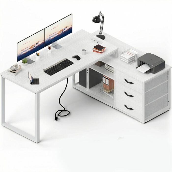 Кутовий стіл JUMMICO з шухлядами, L-подібний реверсивний, 140 x 105 x 75 см, з 2 USB-портами та 2 розетками, білий