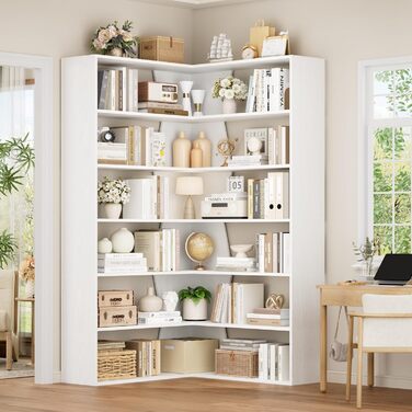 Кутова полиця FirFurd 190 см, книжкова шафа-ліжко, кутова книжкова шафа з 6 полицями, L-подібна кутова шафа, висока шафа, книжкова шафа, кутова вітрина для кабінету, вітальні, кухні, 90x90x190,5 см, білий