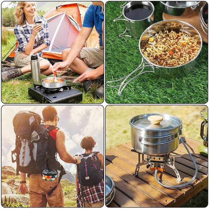 Набір посуду для кемпінгу з нержавіючої сталі каструля з кришкою та складаною ручкою, портативний посуд для туризму, походів, риболовлі та пікніків