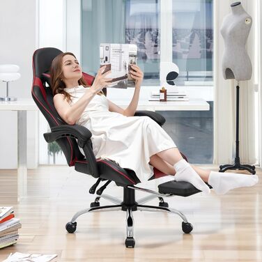 Ігрове крісло COLAMY, комп&39ютерне крісло з підставкою для ніг та поперековою опорою, регульоване по висоті ігрове крісло з поворотним на 360 сидінням та підголівником, крісло для відеогеймерів, ергономічна висока спинка, червоне сучасне