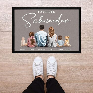 Сімейний килимок для дверей з іменами та фігурками, можна налаштувати для 1, 2, 3, 4 дітей, кіт, собака, акварельний малюнок, нековзний та миється, чорний, 60x40 см.