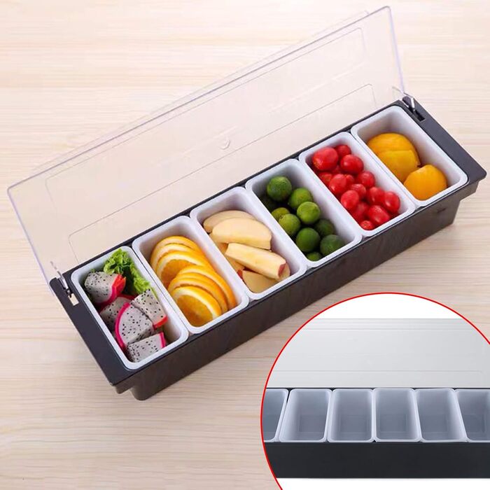 Набір контейнерів для подачі страв Смаколик 6 відділень, пластиковий та металевий контейнери для овочів, фруктів, спецій та гарнірів з кришками