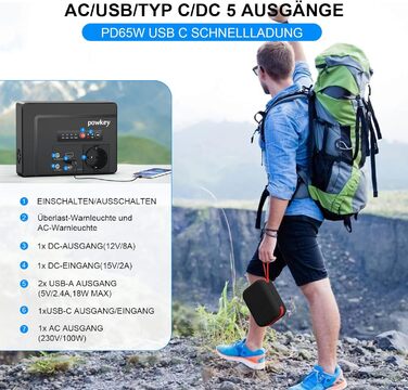 Портативний зовнішній акумулятор Powkey ємністю 26400 мАг/97,68 Втгод з виходом 100 Вт/230 В змінного струму, 12 В 8 А постійного струму, PD 65 Вт USB C, для кемпінгу, планшетів та мобільних телефонів G100