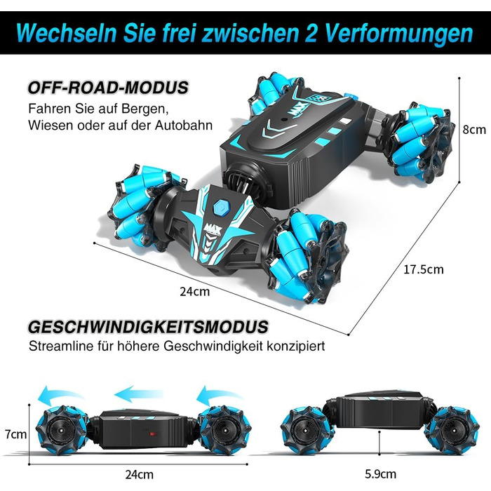 Автомобіль з дистанційним керуванням AYIQUTY, трюк на радіоуправлінні зі спреєм, світлом і музикою для дітей, повний привід 2,4 ГГ